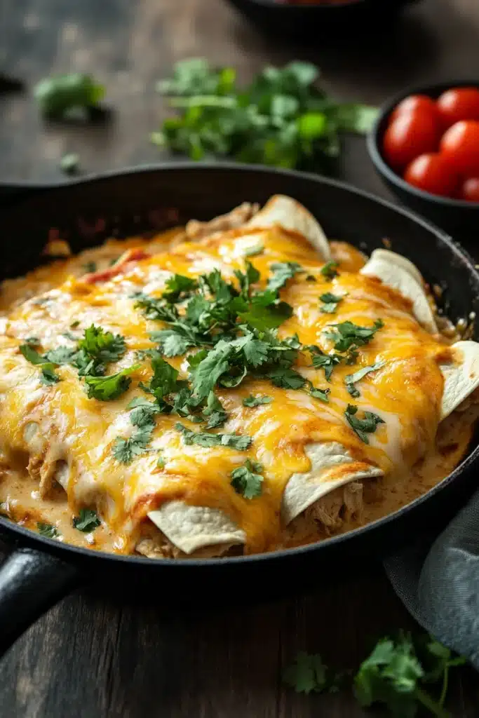 Close-up of skillet creamy chicken enchiladas with melted cheese and herbs