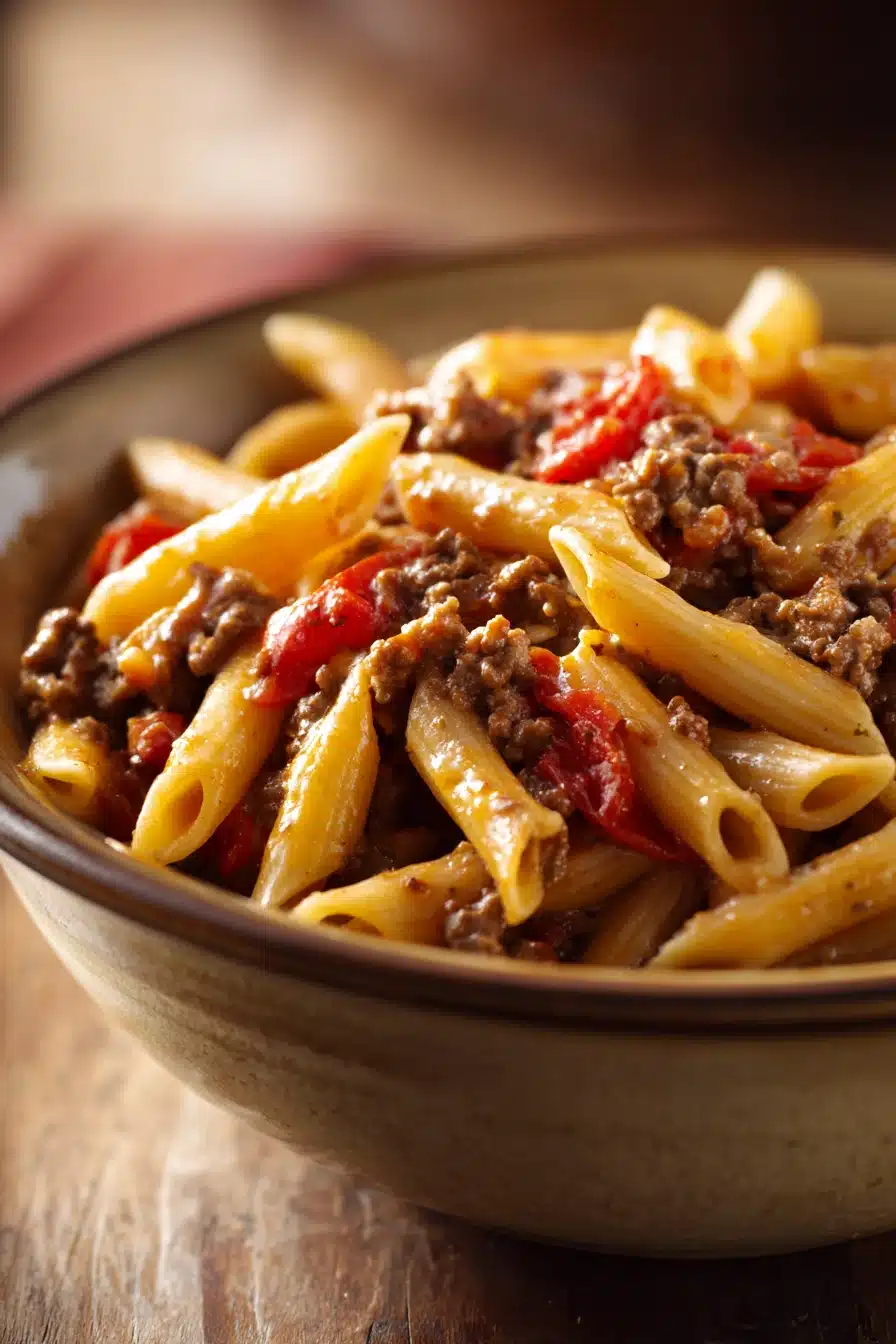 Close-up of skillet spicy honey garlic beef pasta with vibrant colors and textures.