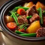 Close-up of slow cooker beef and vegetables stew with carrots and potatoes