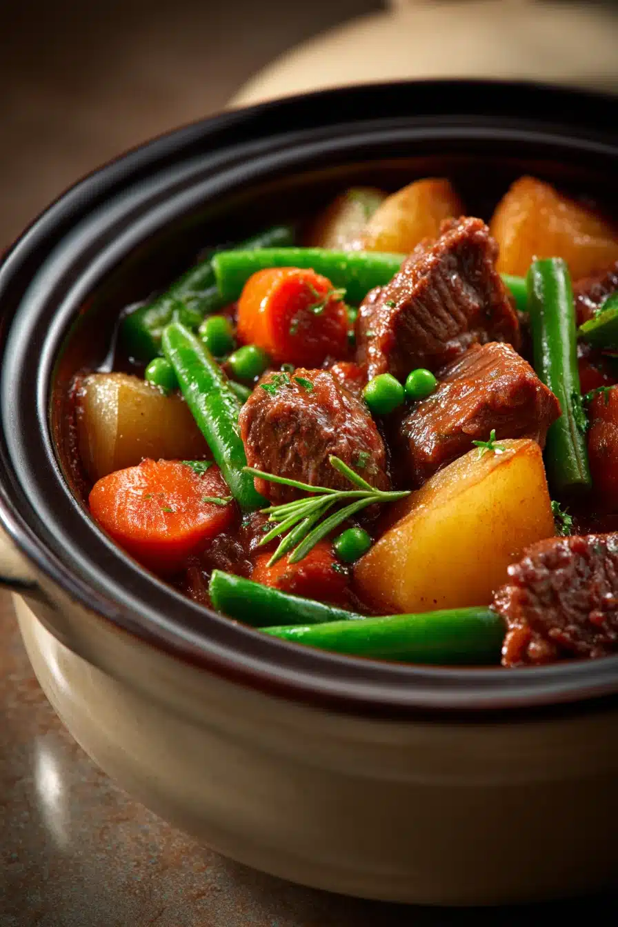 Close-up of slow cooker beef and vegetables stew with carrots and potatoes