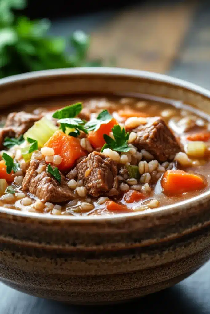 Close-up of slow cooker beef barley soup with vegetables in a white bowl