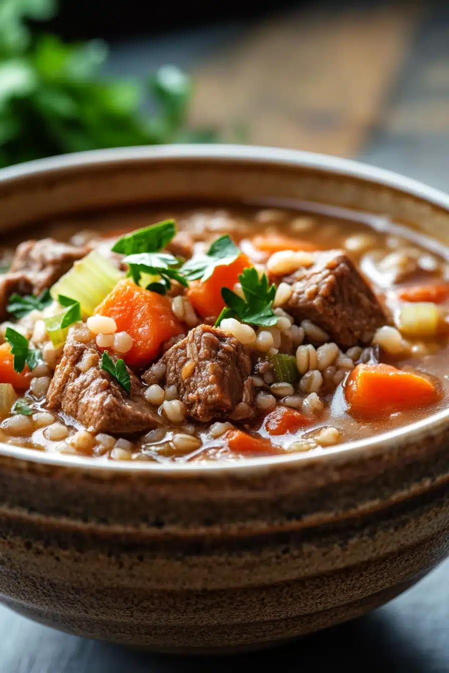Close-up of slow cooker beef barley soup with vegetables in a white bowl