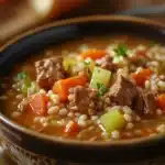 Close-up of slow cooker beef barley soup with visible chunks of beef and barley in a rich broth.
