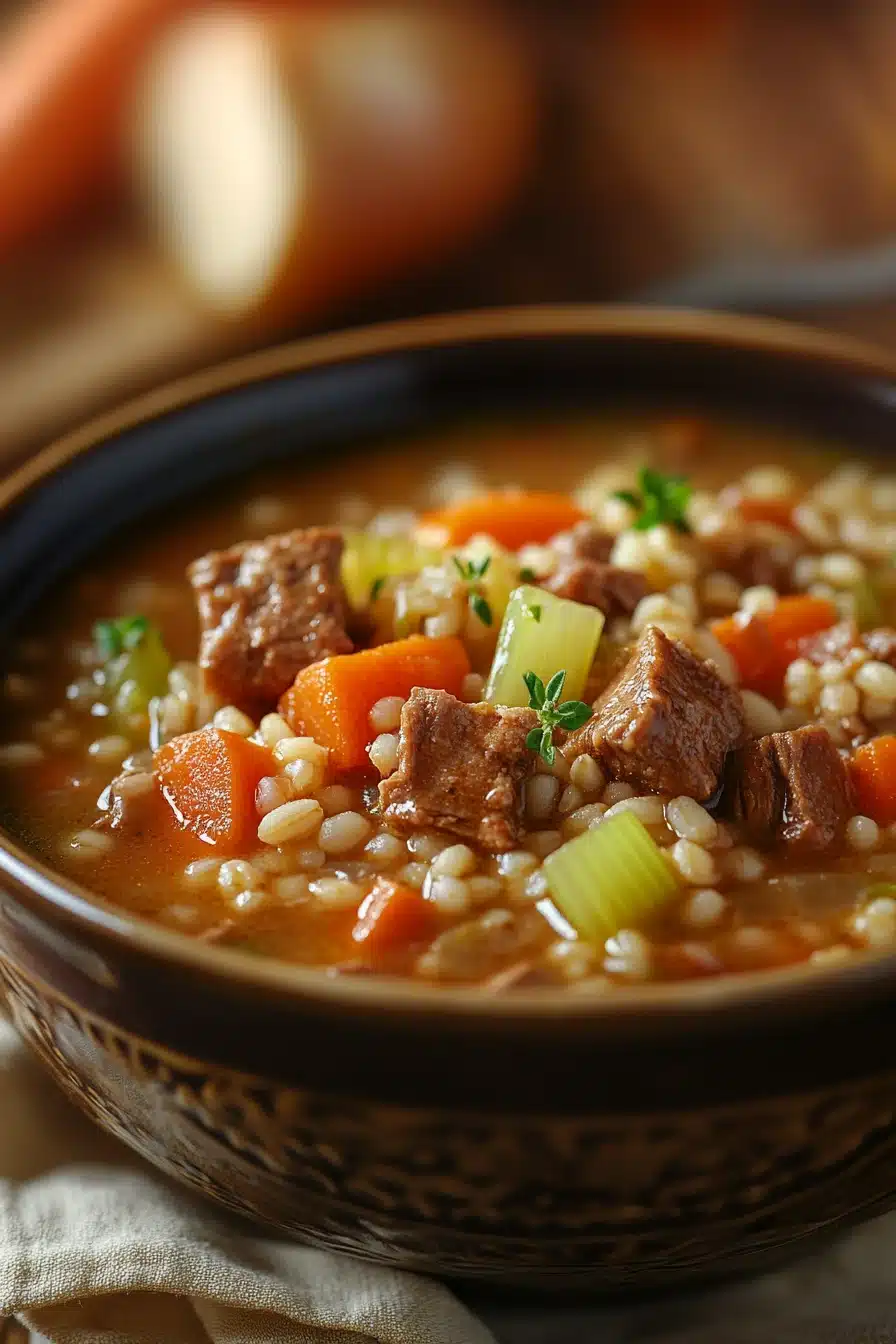 Close-up of slow cooker beef barley soup with visible chunks of beef and barley in a rich broth.