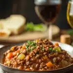 Close-up of slow cooker beef bolognese with pasta in a warm, inviting setting.