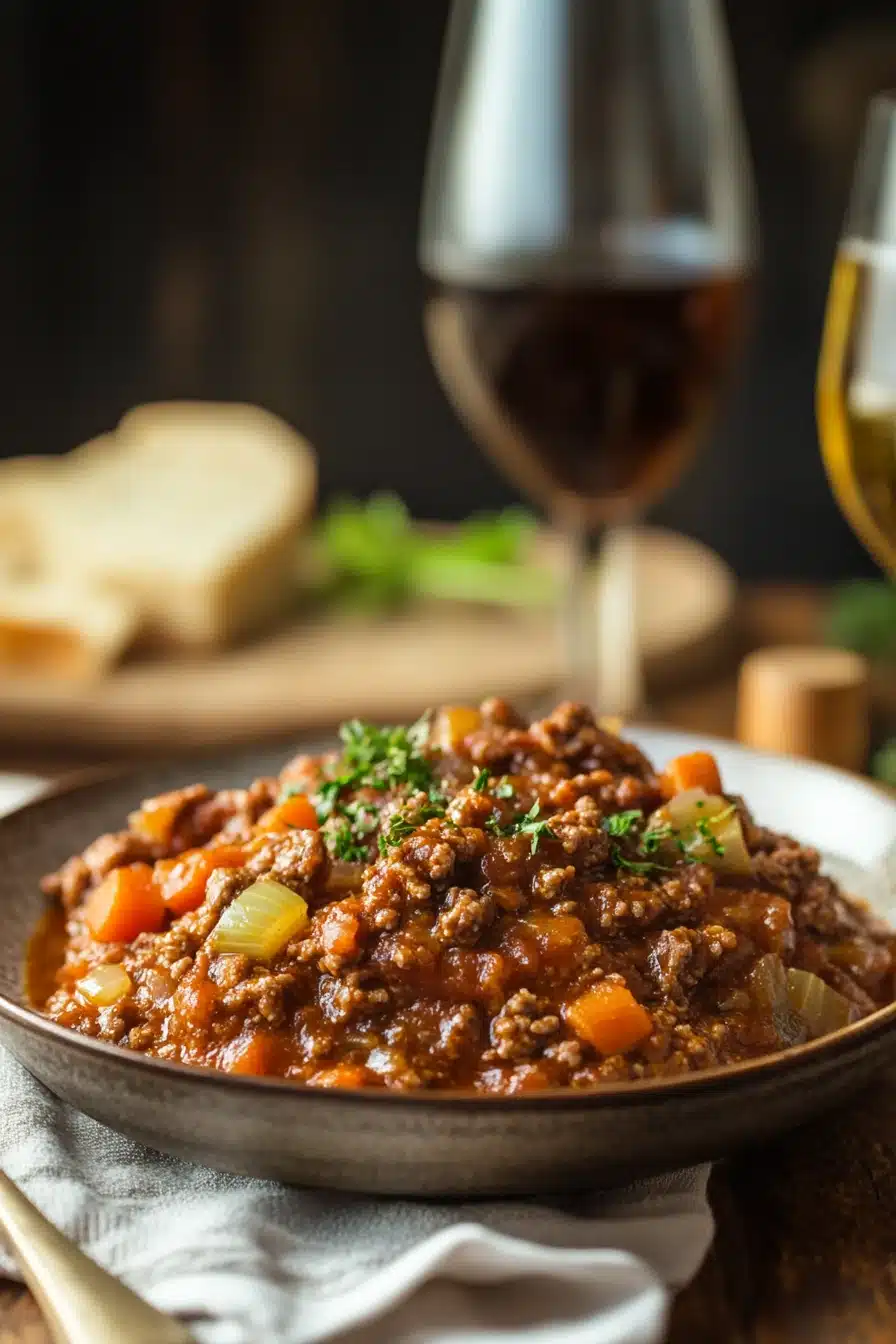Close-up of slow cooker beef bolognese with pasta in a warm, inviting setting.