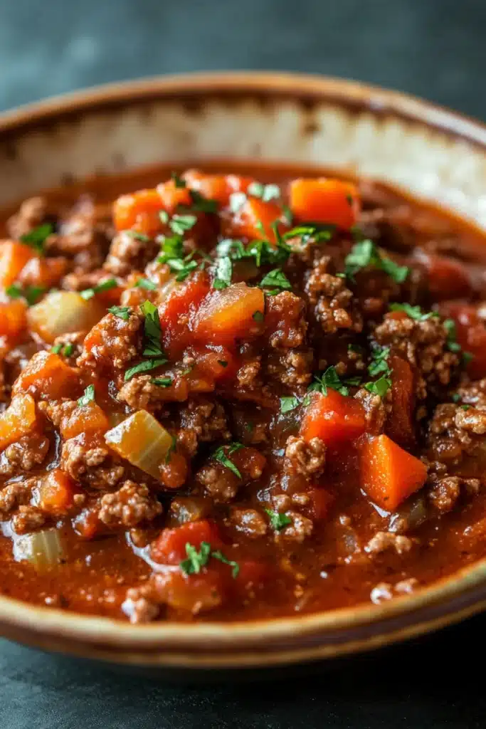 Close-up of slow cooker beef bolognese with rich sauce and pasta.