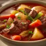 Close-up of slow cooker beef stew with tomato juice, showcasing tender beef and vegetables.