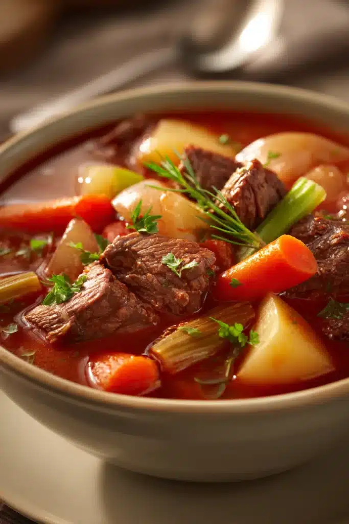 Close-up of slow cooker beef stew with tomato juice, showcasing tender beef and vegetables.