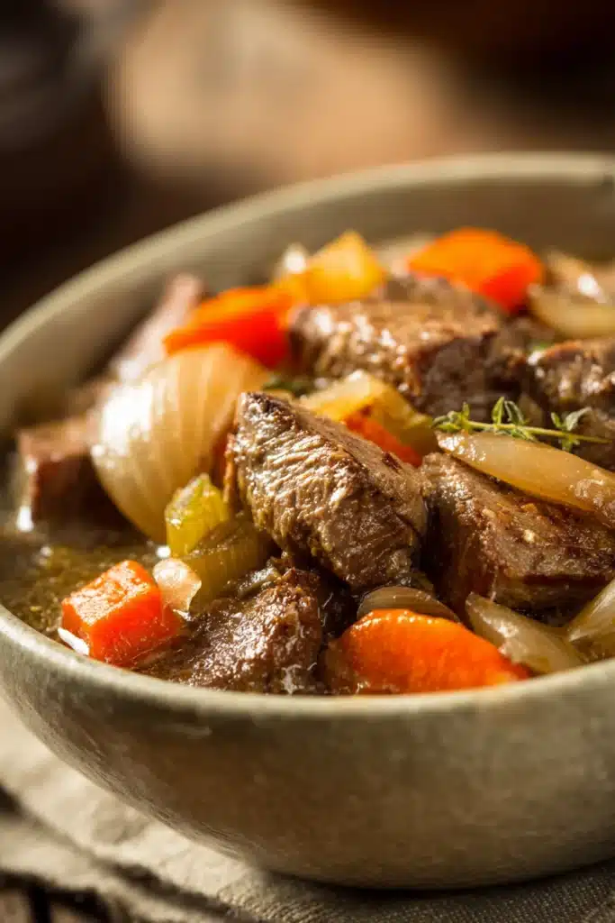 Close-up of slow cooker beef tongue with garnishes on a clean plate.