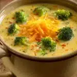 Close-up of creamy broccoli cheese soup in a bowl with melted cheese and broccoli florets.