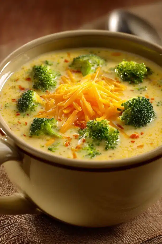Close-up of creamy broccoli cheese soup in a bowl with melted cheese and broccoli florets.