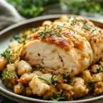 Close-up of slow cooker chicken and stuffing with creamy sauce and herbs.