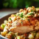 Close-up of slow cooker chicken and stuffing with creamy sauce and herbs.