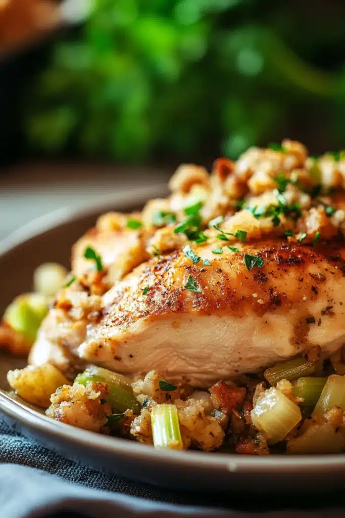 Close-up of slow cooker chicken and stuffing with creamy sauce and herbs.