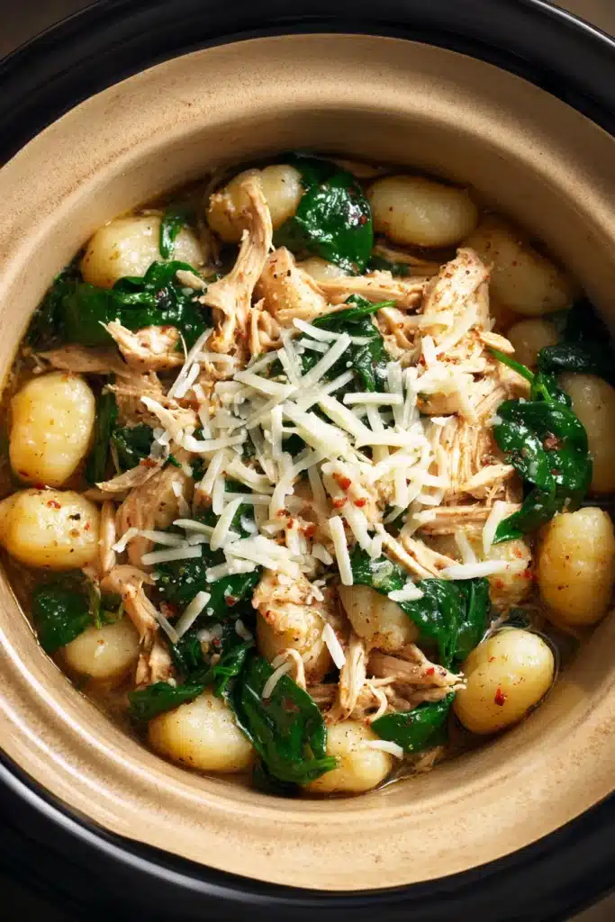 Close-up of slow cooker chicken gnocchi with creamy sauce and herbs