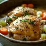 Close-up of slow cooker chicken in broth with herbs and vegetables