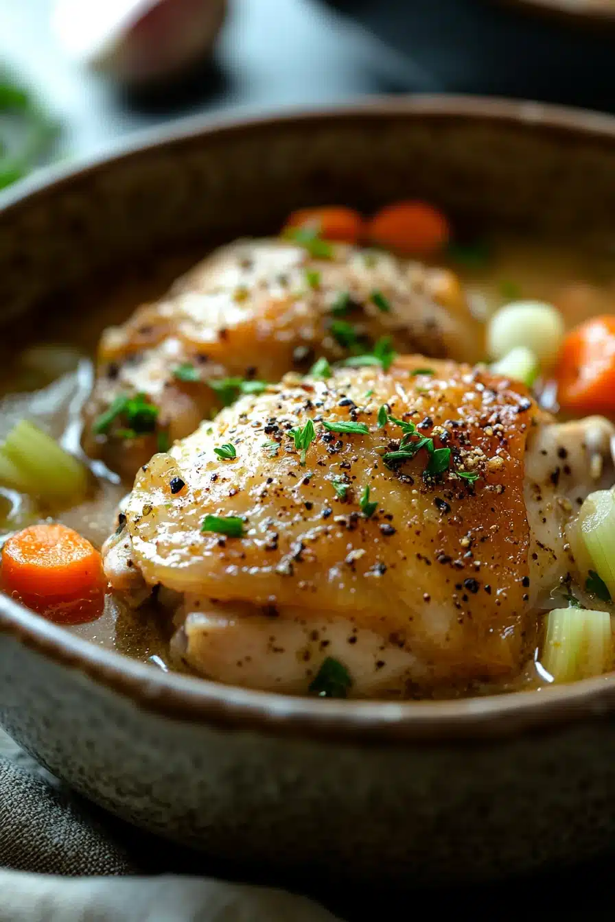 Close-up of slow cooker chicken in broth with herbs and vegetables