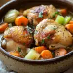 Close-up of slow cooker chicken in broth with herbs and vegetables, bright and appetizing.