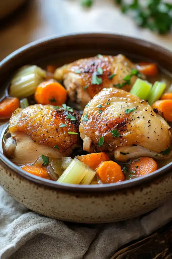 Close-up of slow cooker chicken in broth with herbs and vegetables, bright and appetizing.