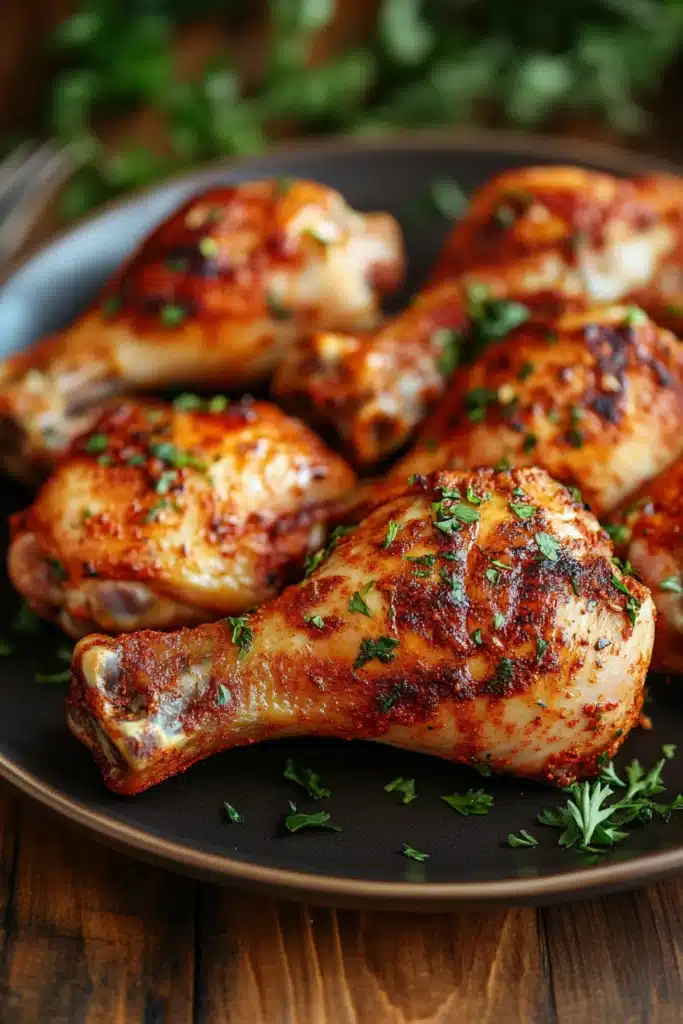 Close-up of slow cooker chicken legs bone in with a warm, appetizing glow