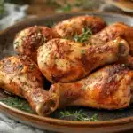 Close-up of slow cooker chicken legs bone in with creamy sauce and herbs