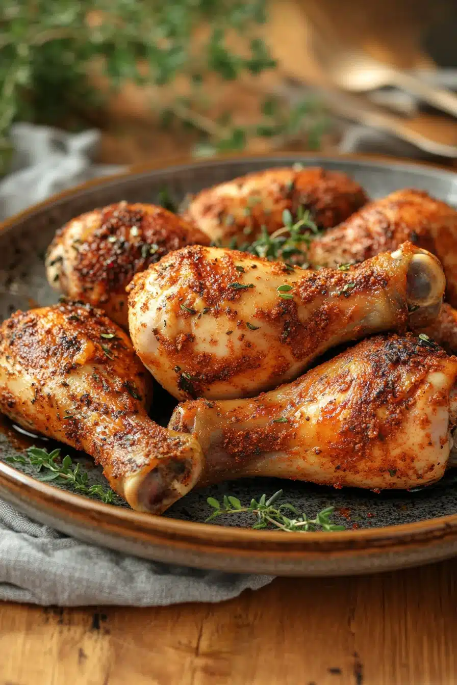 Close-up of slow cooker chicken legs bone in with creamy sauce and herbs
