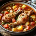Close-up of slow cooker chicken legs stew with creamy sauce and herbs