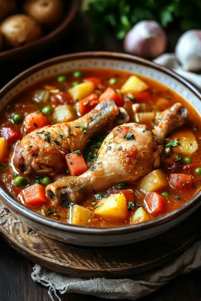 Close-up of slow cooker chicken legs stew with creamy sauce and herbs