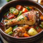 Close-up of slow cooker chicken legs stew with vegetables in a bowl