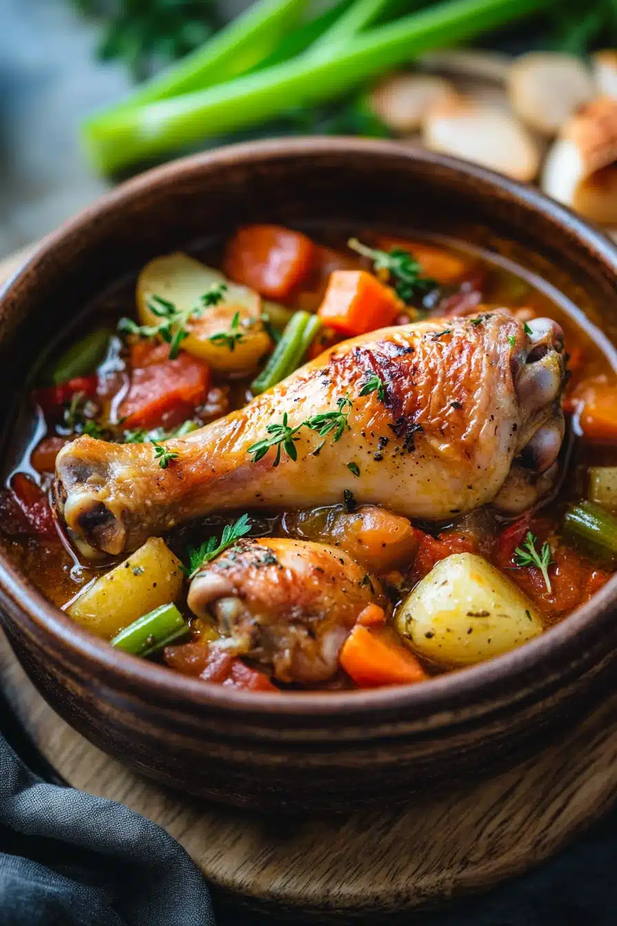 Close-up of slow cooker chicken legs stew with vegetables in a bowl