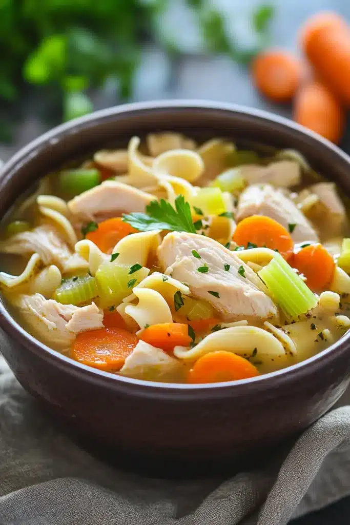 Close-up of slow cooker chicken noodle soup with noodles, chicken, and vegetables in a bowl.