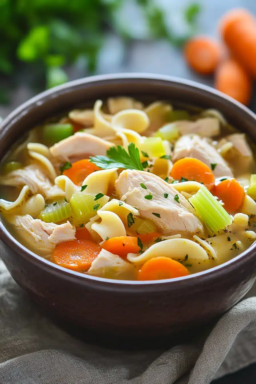Close-up of slow cooker chicken noodle soup with noodles, chicken, and vegetables in a bowl.