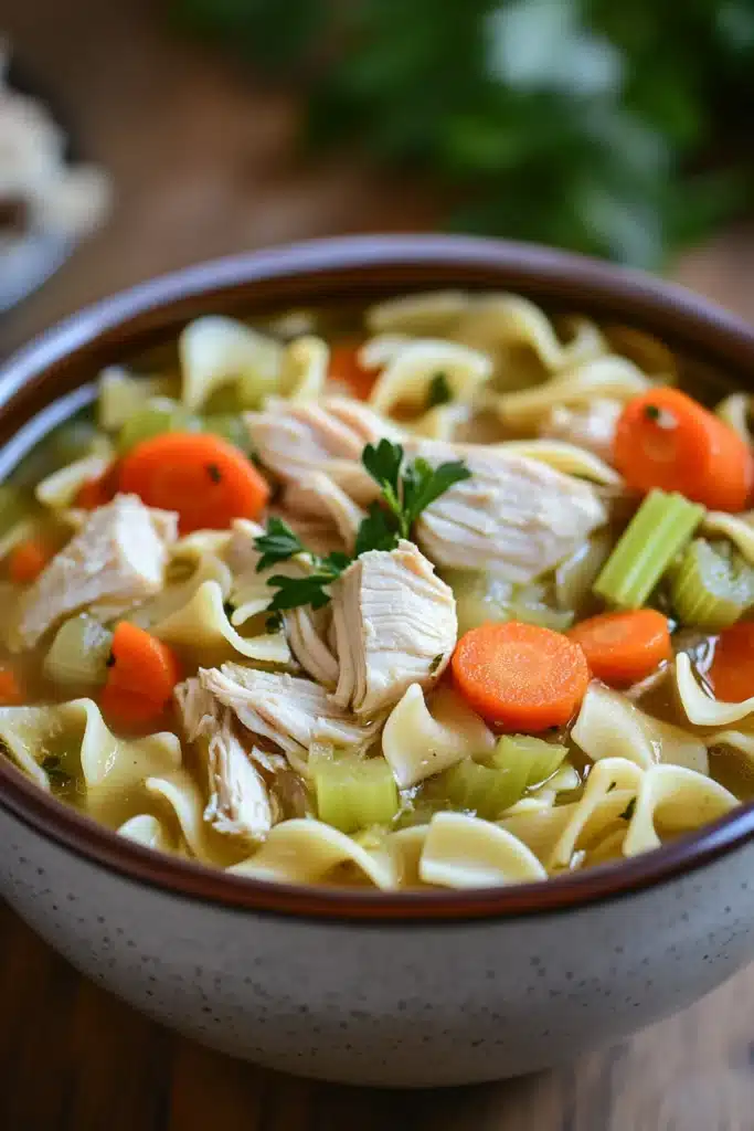 Close-up of slow cooker chicken noodle soup with noodles, chicken, and vegetables in a bowl.
