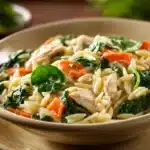 Close-up of slow cooker chicken orzo pasta with herbs in a bright setting
