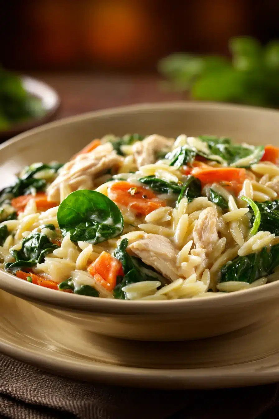 Close-up of slow cooker chicken orzo pasta with herbs in a bright setting