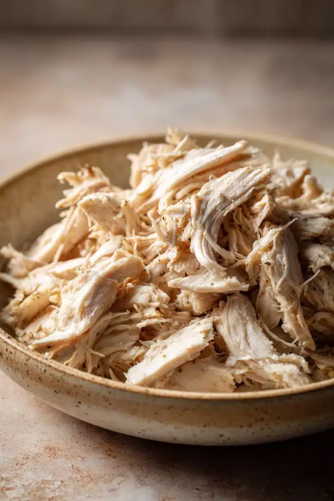 Close-up of slow cooker chicken shredded with creamy sauce on a white plate