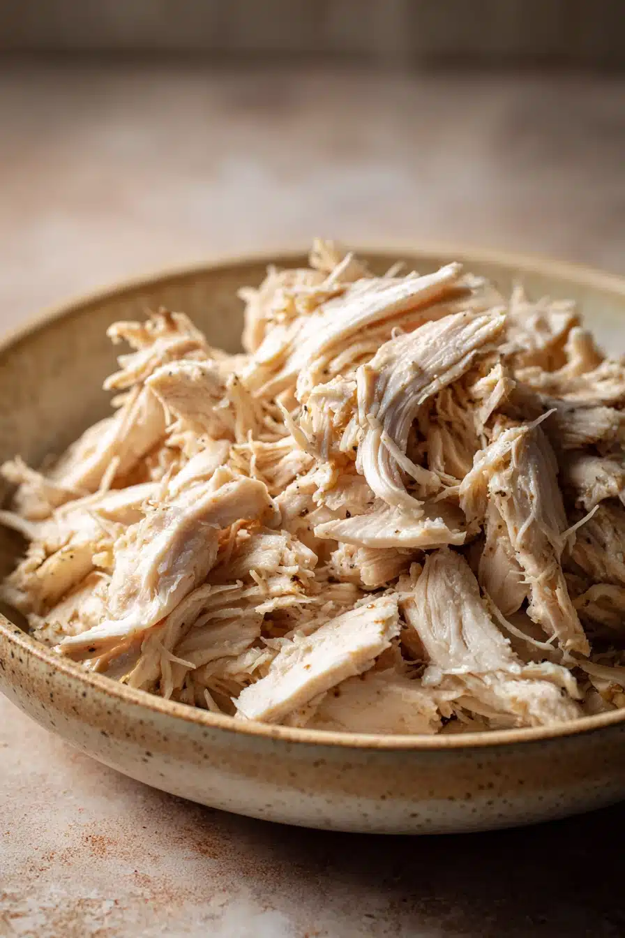 Close-up of slow cooker chicken shredded with creamy sauce on a white plate