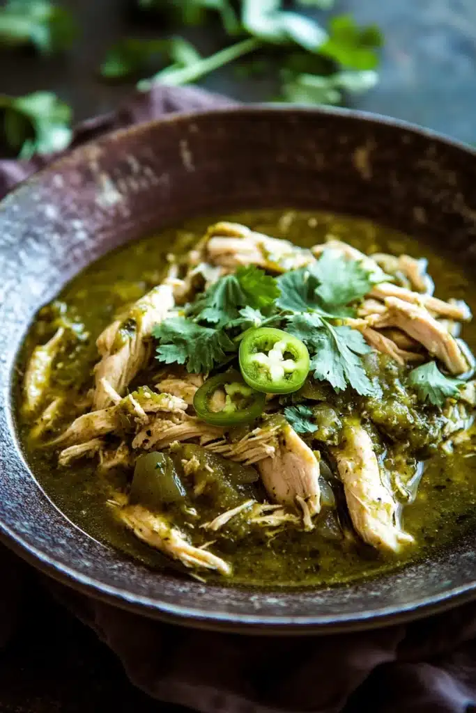 Close-up of slow cooker chicken verde with creamy sauce and herbs
