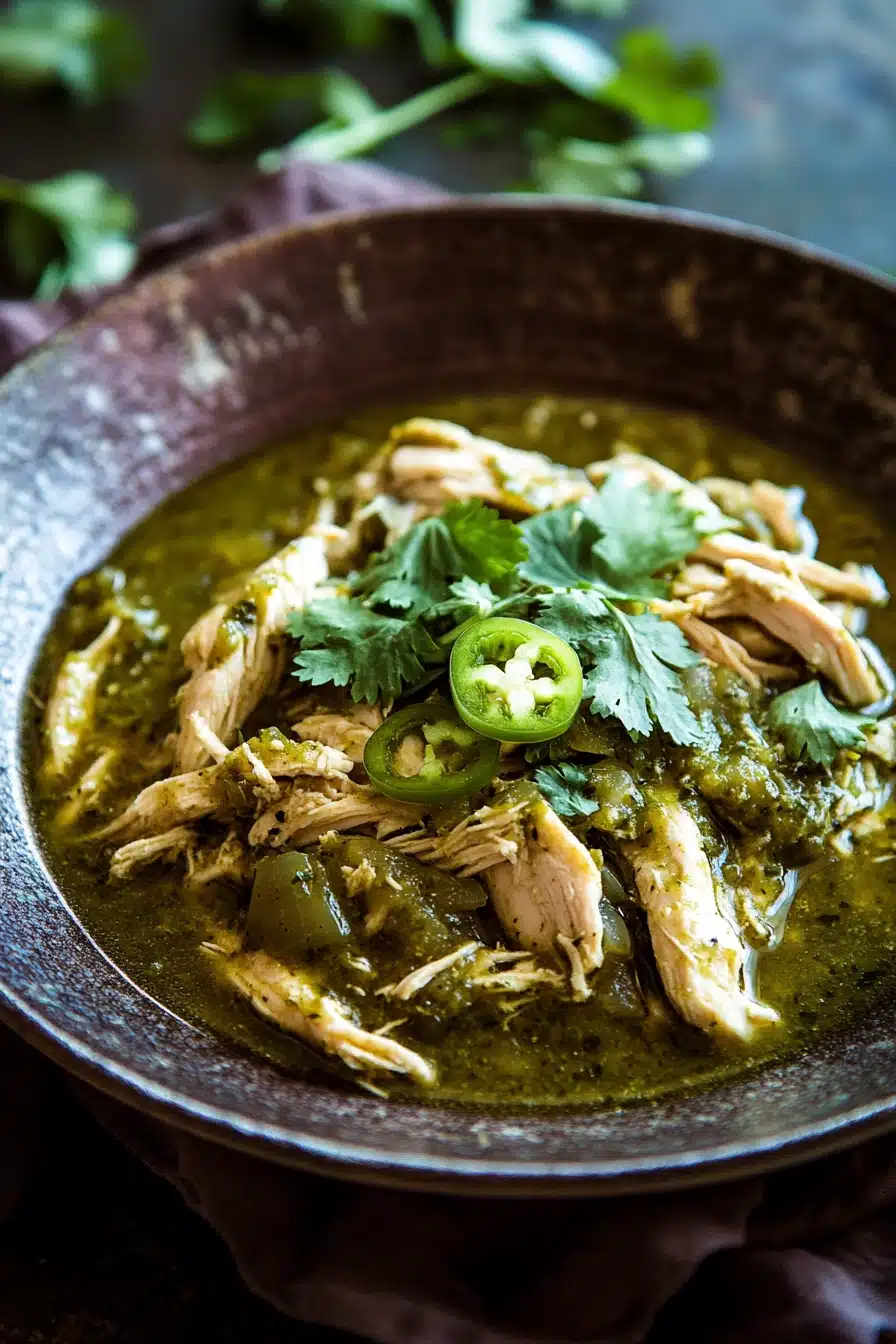 Close-up of slow cooker chicken verde with creamy sauce and herbs