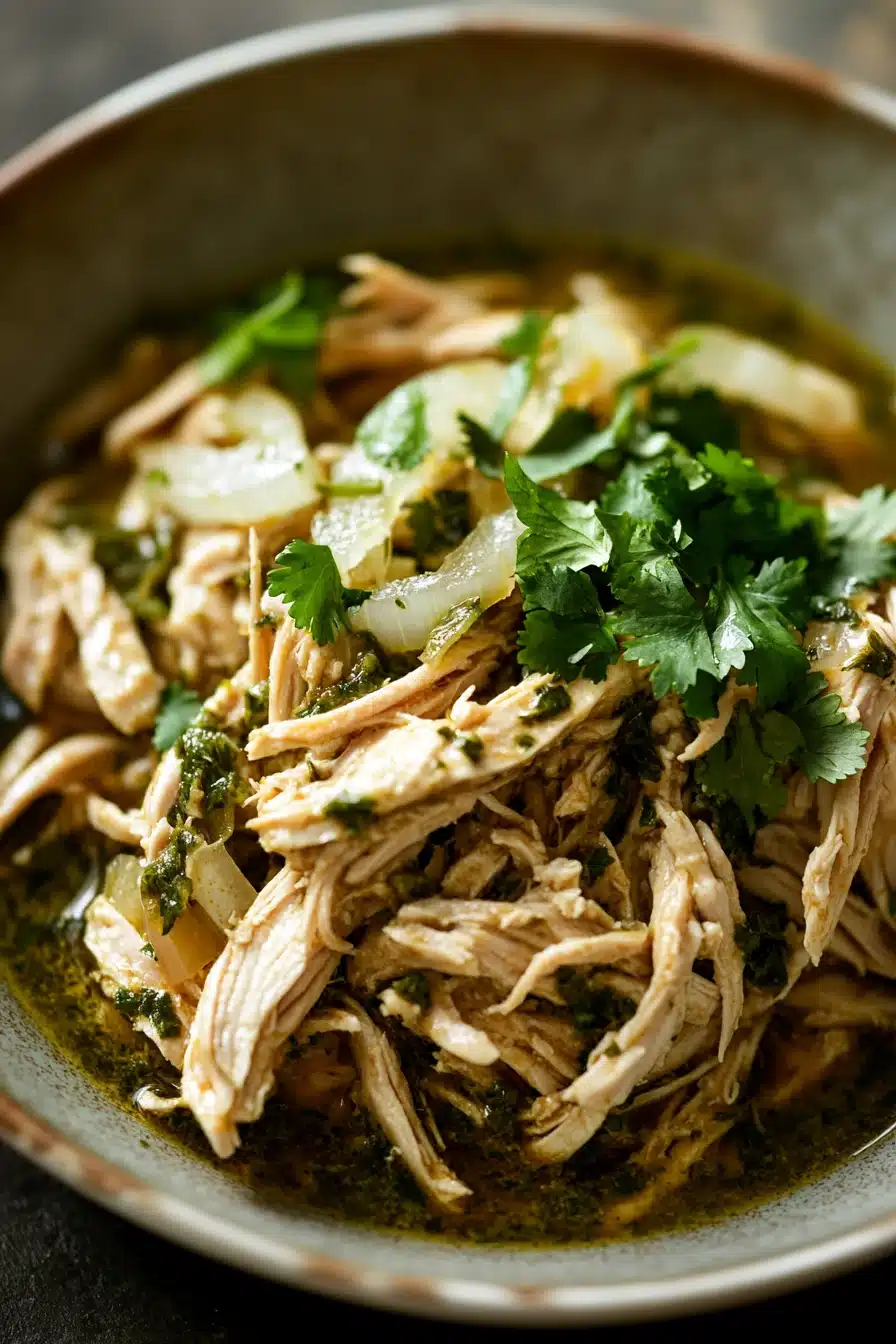 Close-up of slow cooker chicken verde with creamy sauce and herbs