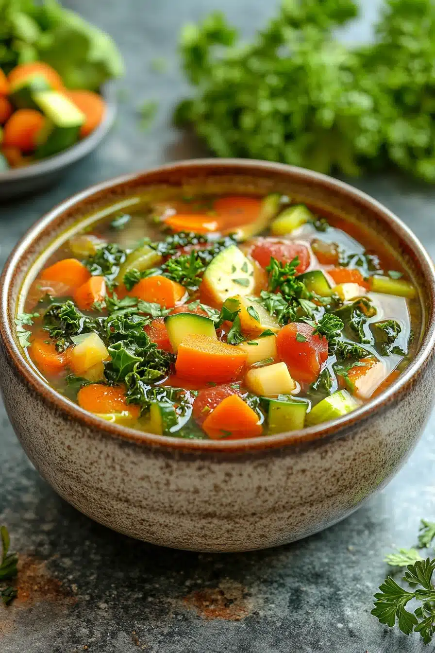Close-up of a vibrant slow cooker detox soup with visible vegetables and herbs.