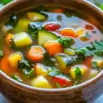 Close-up of a vibrant slow cooker detox soup with visible vegetables and herbs in a bright setting.