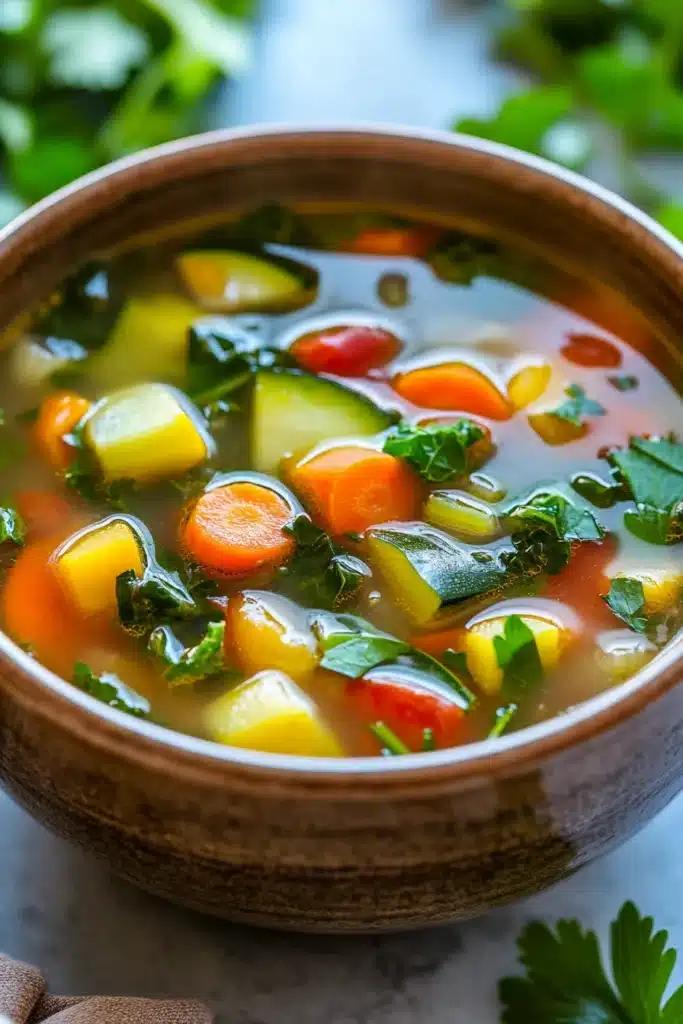 Close-up of a vibrant slow cooker detox soup with visible vegetables and herbs in a bright setting.