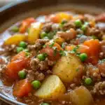 Close-up of a hearty slow cooker hamburger ground beef dinner with rich textures and warm lighting.