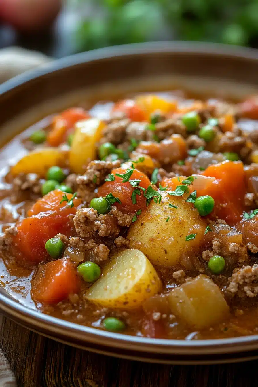 Close-up of a hearty slow cooker hamburger ground beef dinner with rich textures and warm lighting.
