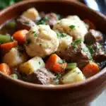 Close-up of slow cooker lamb stew with dumplings in a rustic bowl