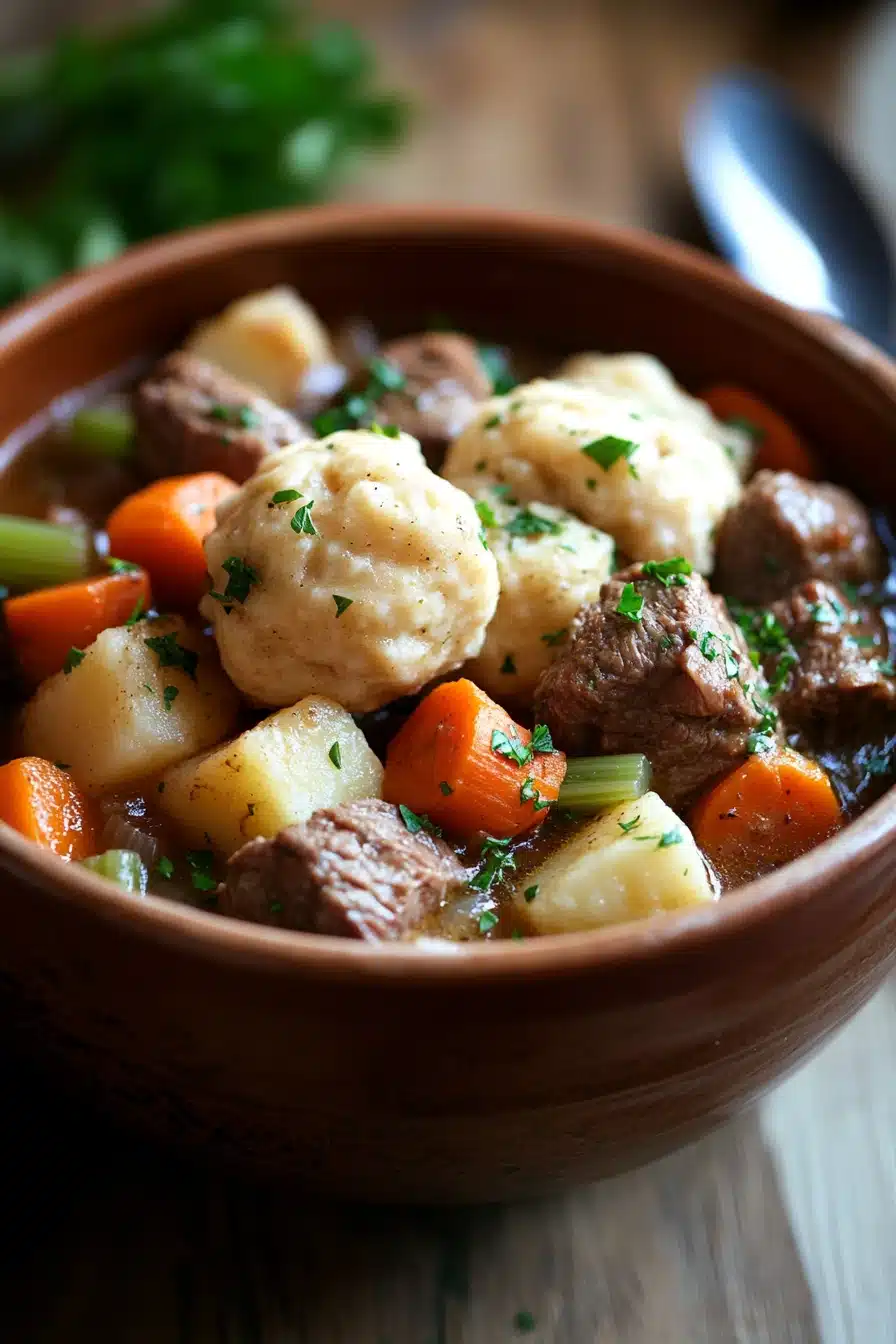 Close-up of slow cooker lamb stew with dumplings in a rustic bowl