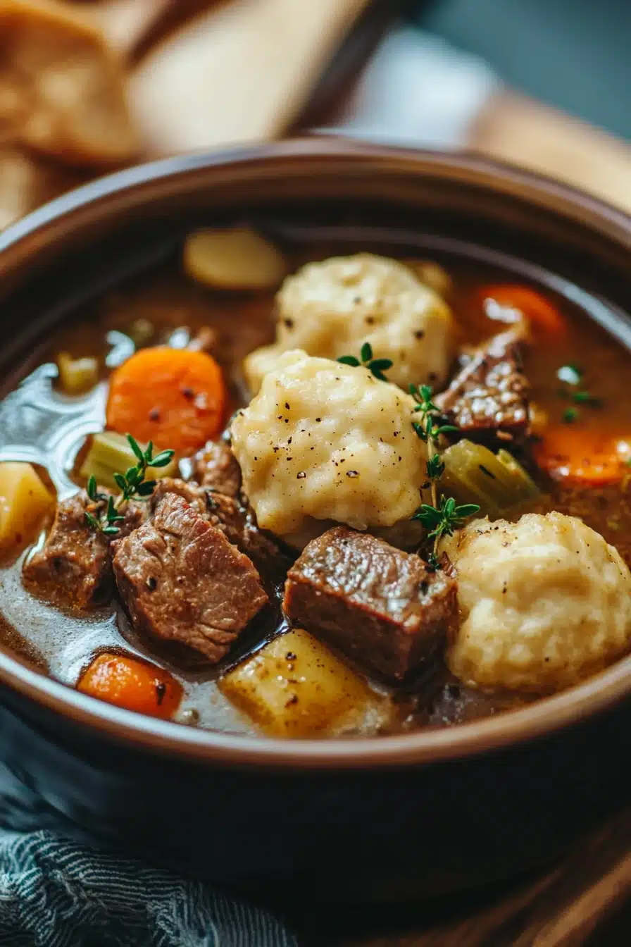 Close-up of slow cooker lamb stew with dumplings in a rustic bowl, garnished with herbs.