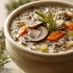 Close-up of a creamy mushroom and wild rice soup with herbs in a bowl